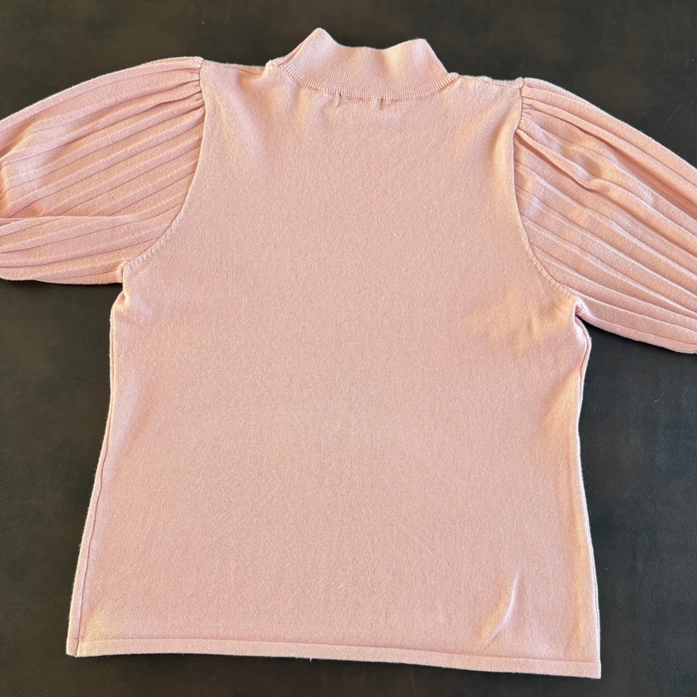 Tahari Pink Mock Neck Pleated‎ Puff Short Sleeve Sweater Top Size Large